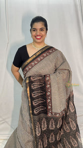 Vriksham Black And  White  Stripes Golden Border Kota Cotton Saree-VS4461